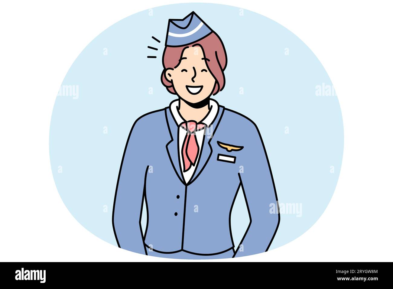 Portrait of smiling young female stewardess in uniform. Happy woman flight attendant feeling optimistic and positive. Occupation. Vector illustration. Stock Vector