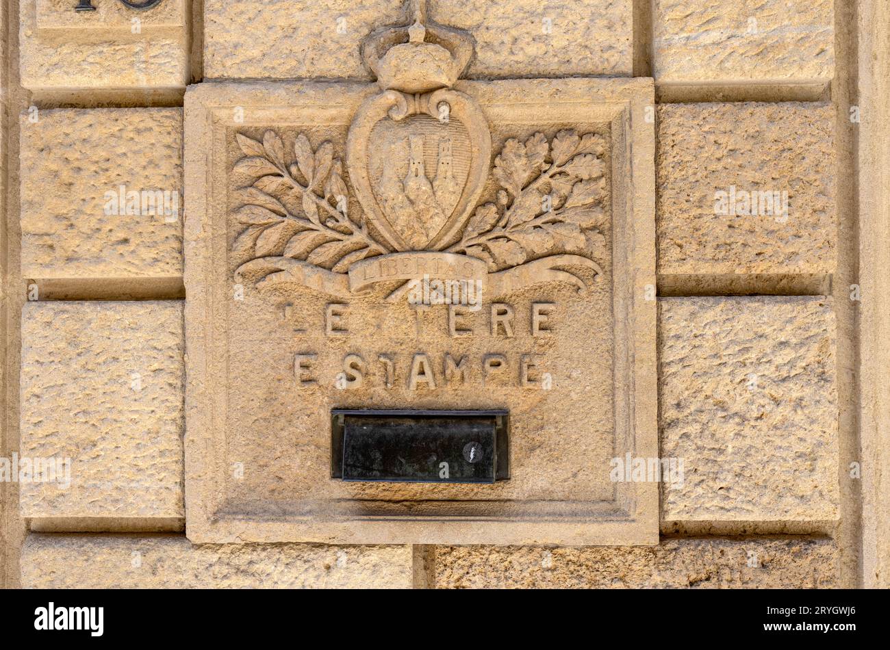 SAN MARINO, JULY 5 , 2022 - An ancient stone letterbox in the town center of San Marino, Europe Stock Photo