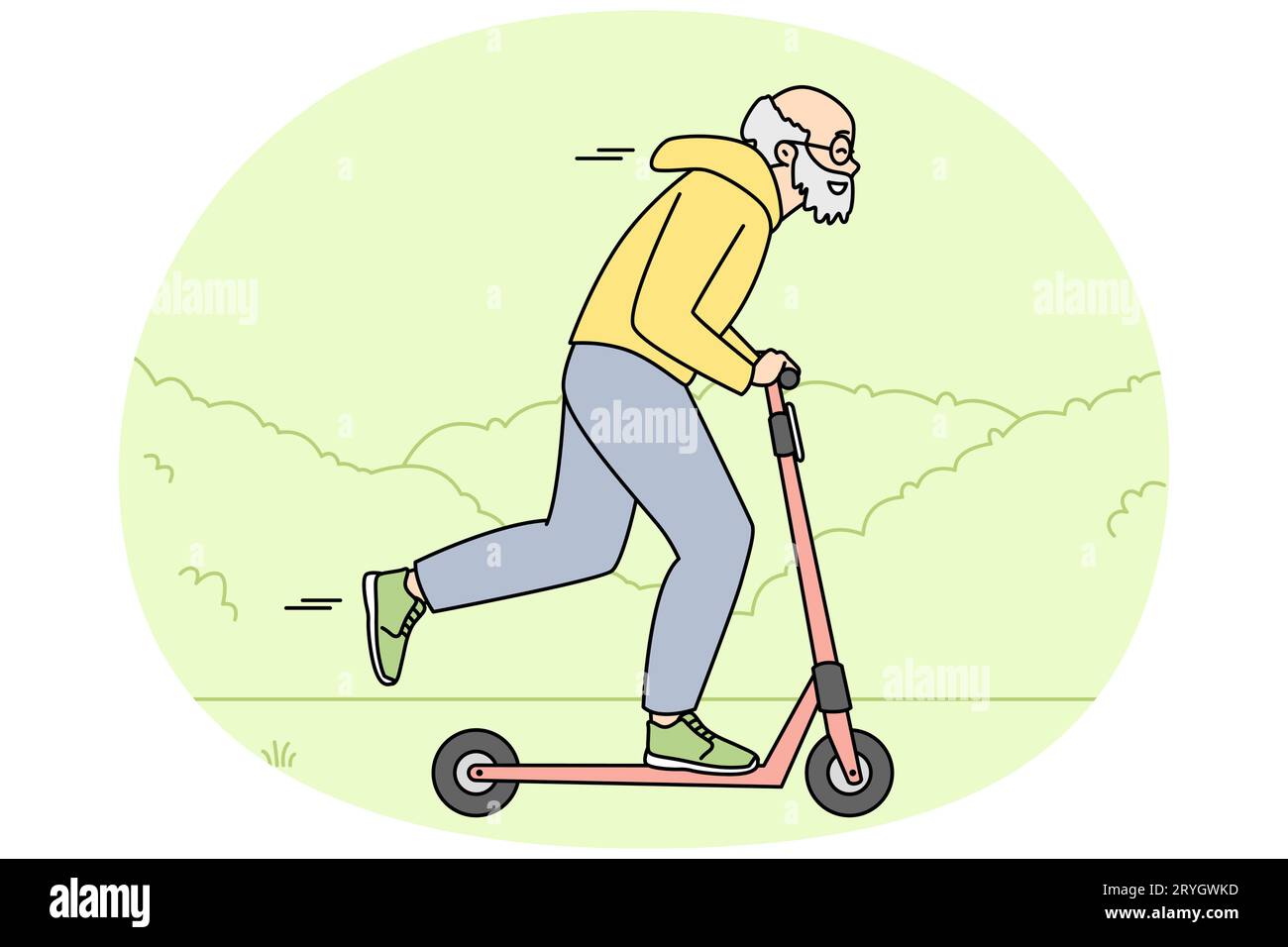 Happy energetic elderly man riding on scooter outdoors. Smiling active old grandparent have fun driving on motorscooter. Maturity. Vector illustration. Stock Vector