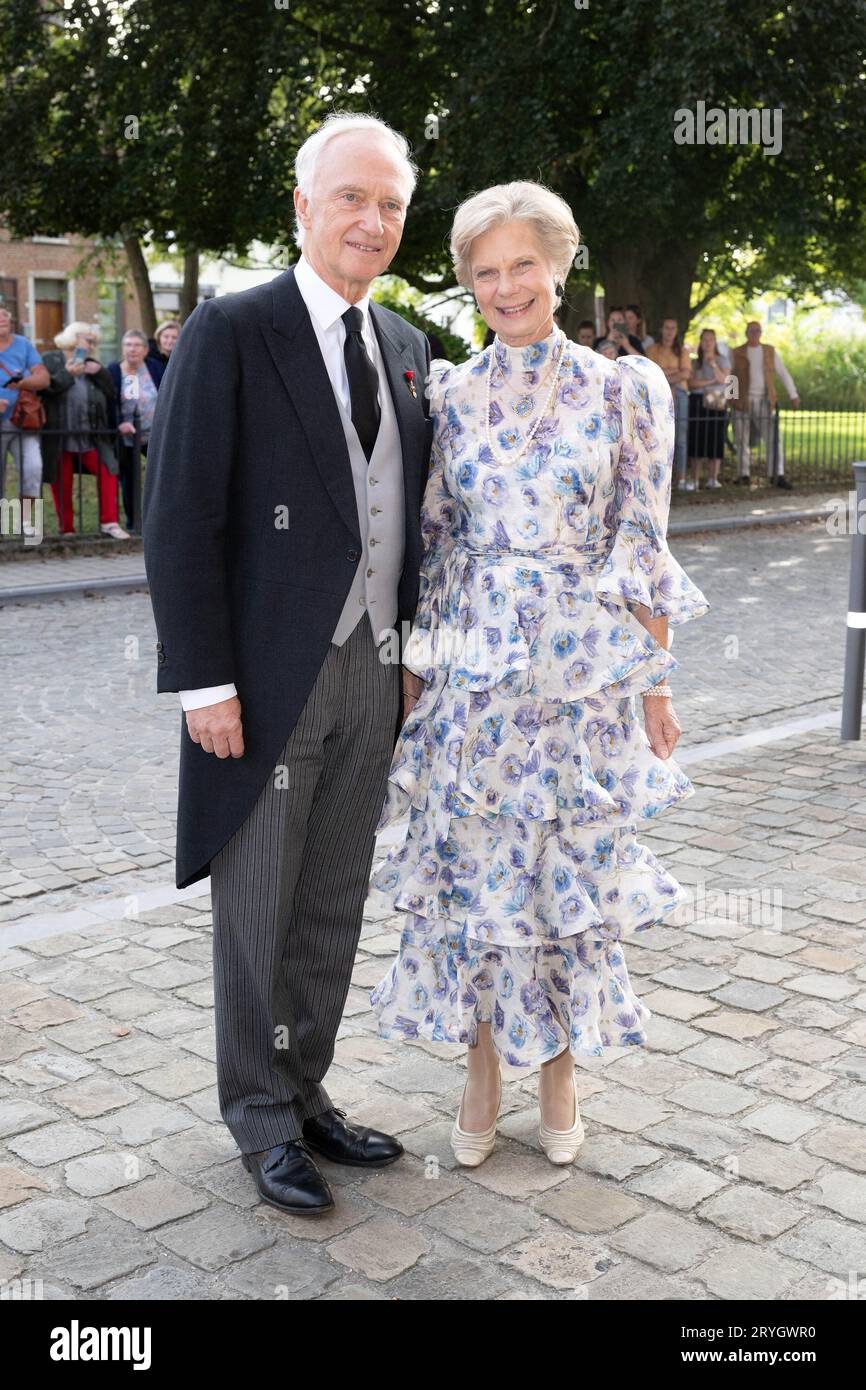 Archduke Carl Christian of Habsbourg-Lorraine and Princess Marie-Astrid of Luxembourg attend the wedding of Archiduc Alexander de Habsbourg-Lorraine and Countess Natacha Roumiantzoff-Pachkevitch at the Church of Saint Pierre of Beloeil, on September 29, 2023 in Belgium. Photo by David Niviere/ABACAPRESS.COM Stock Photo