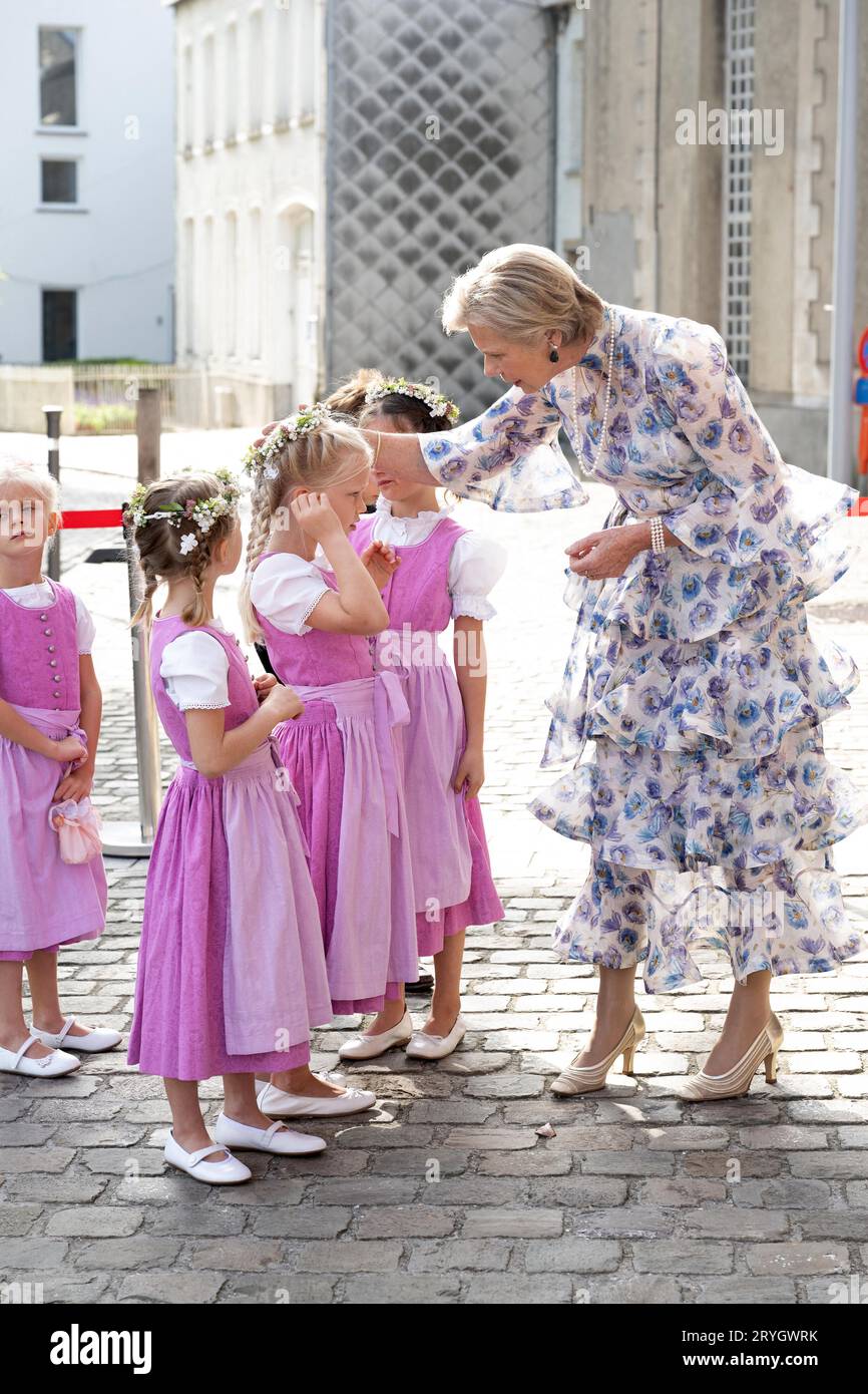 Beloeil, Belgium. 01st Oct, 2023. Princess Marie-Astrid of Luxembourg attends the wedding of Archiduc Alexander de Habsbourg-Lorraine and Countess Natacha Roumiantzoff-Pachkevitch at the Church of Saint Pierre of Beloeil, on September 29, 2023 in Belgium. Photo by David Niviere/ABACAPRESS.COM Credit: Abaca Press/Alamy Live News Stock Photo