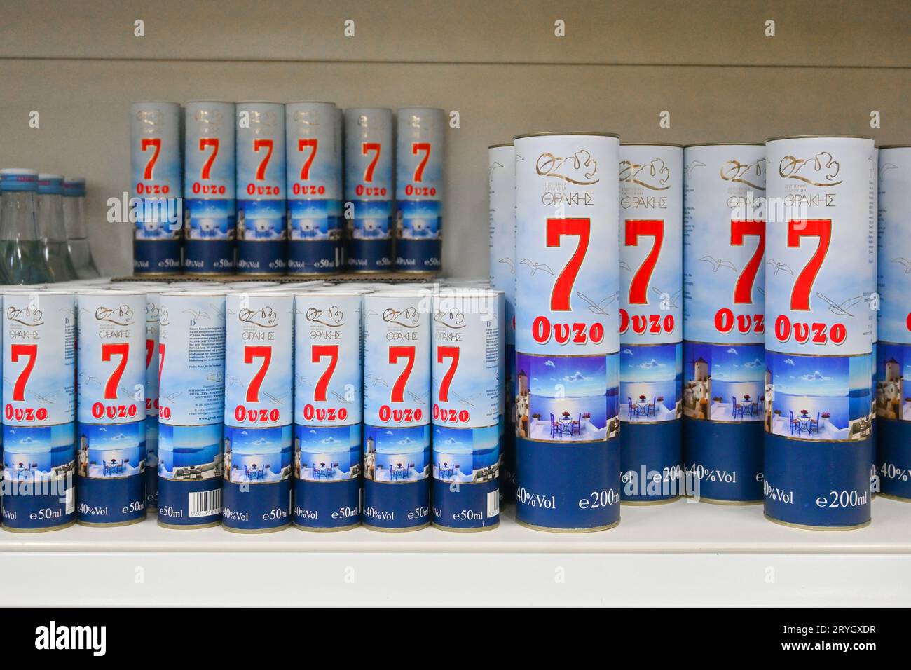 Kos, Greece May 8, 2023 Greek Ouzo bottles at the market store. Ouzo