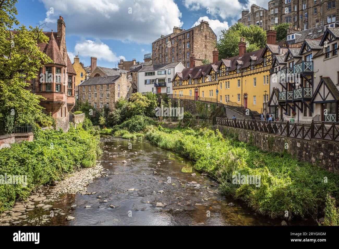 Picturesque vista of old water mill buildings in Dean Village