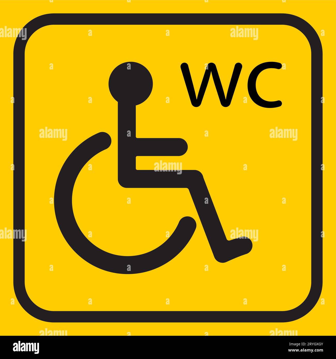 Disabled toilet icon on yellow background. Disability care pictogram, handicapped man public restroom sign, disabled chair people toilets, handicap in Stock Vector
