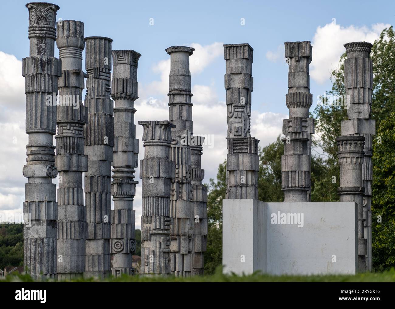 New town art 'Heritage' by artist David Harding, is made up of several concrete sculptures, located Glenrothes town park. 2023 Stock Photo