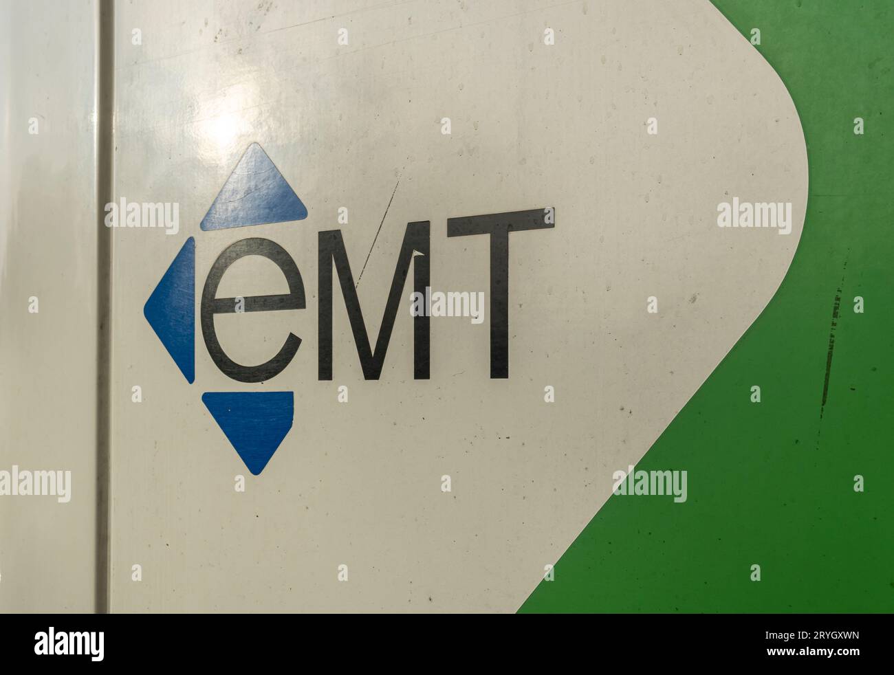 Palma de Mallorca, Spain; september 11 2023: Close-up of the logo of the municipal transport company of Palma de Mallorca, EMT. Island of Mallorca, Sp Stock Photo