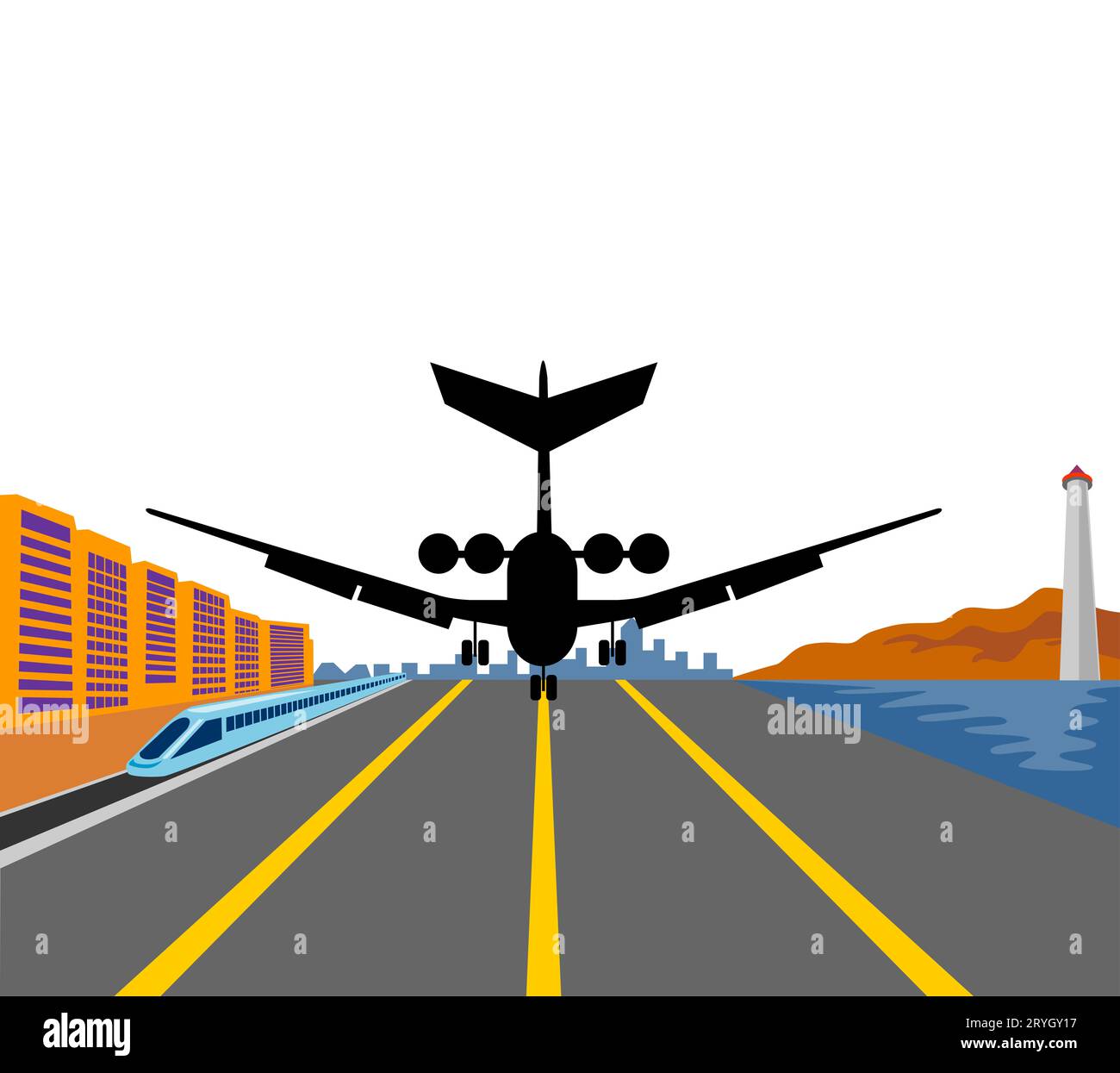 Illustration of a commercial jet plane airliner landing wheels down on runway airport with