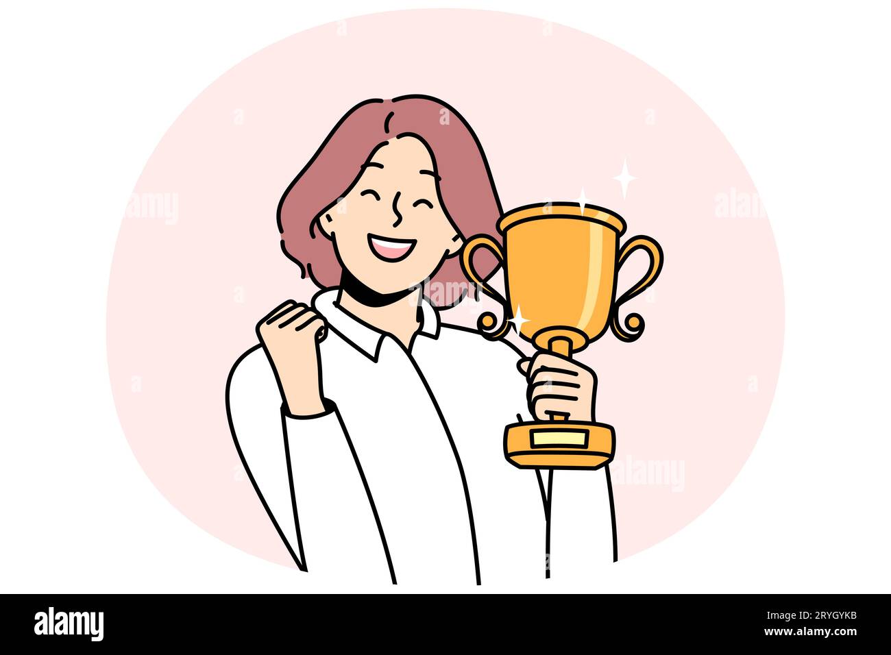 Overjoyed young woman with gold trophy in hands celebrate win or