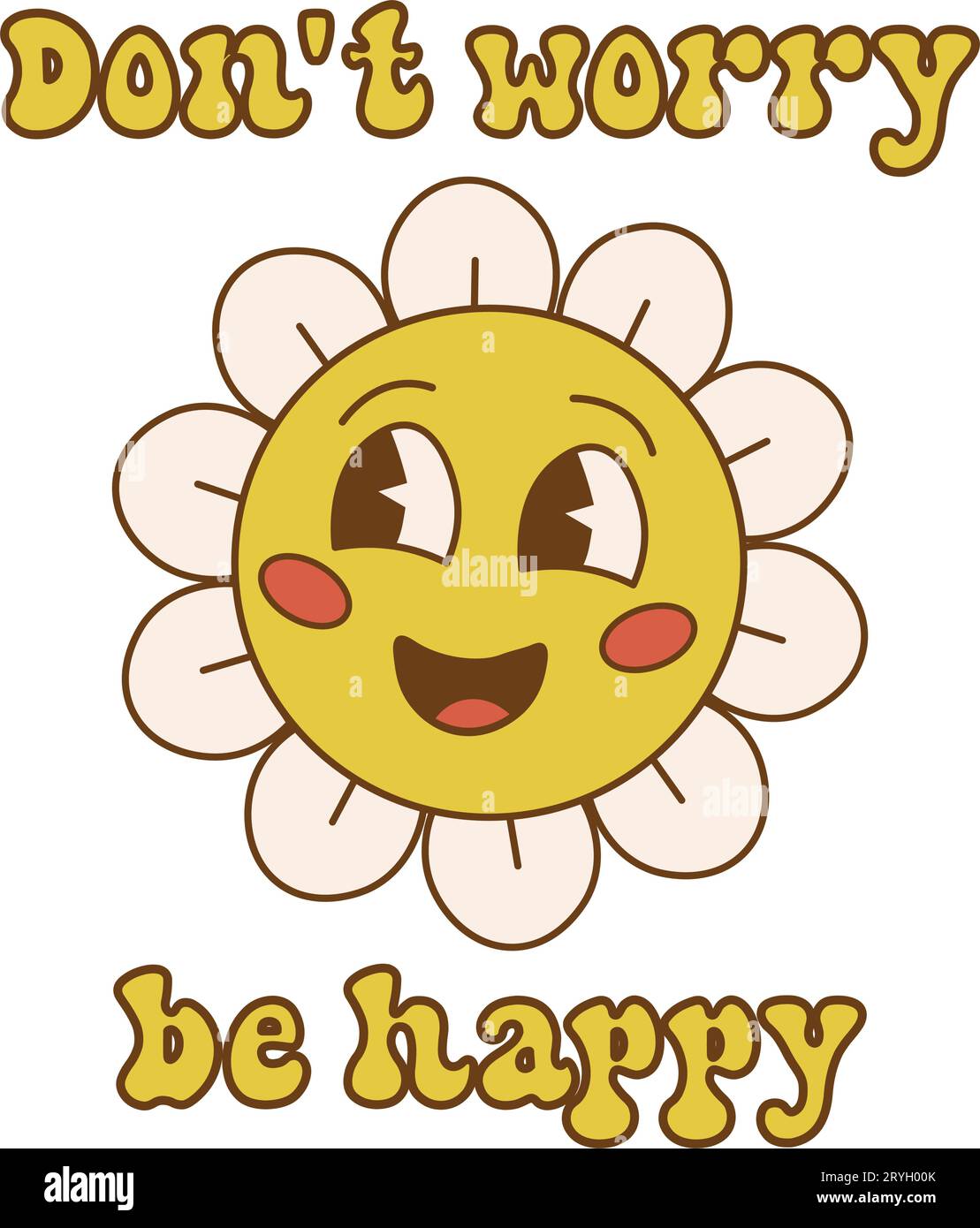 Don't worry be happy.Groovy retro clipart with daisy flower. 60s, 70s, 80s cartoon style. Abstract trendy, vintage, nostalgic aesthetic background. Ve Stock Vector