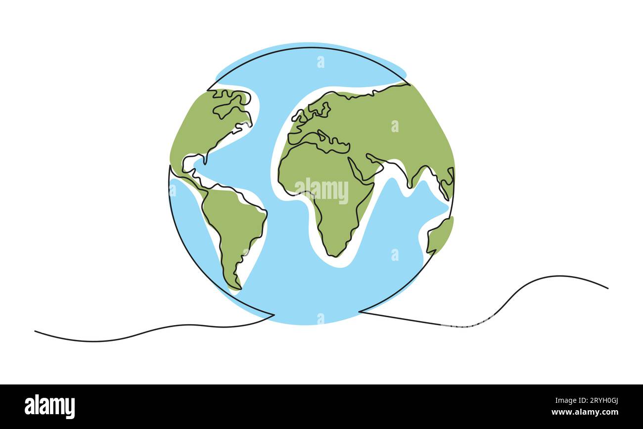 One continuous line drawing of Earth globe.World map doodle line ...