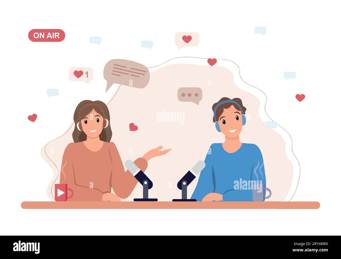 Man and woman talking to microphone recording podcast in studio.  Podcasting, broadcasting, online radio concept. Vector illustration Stock Vector