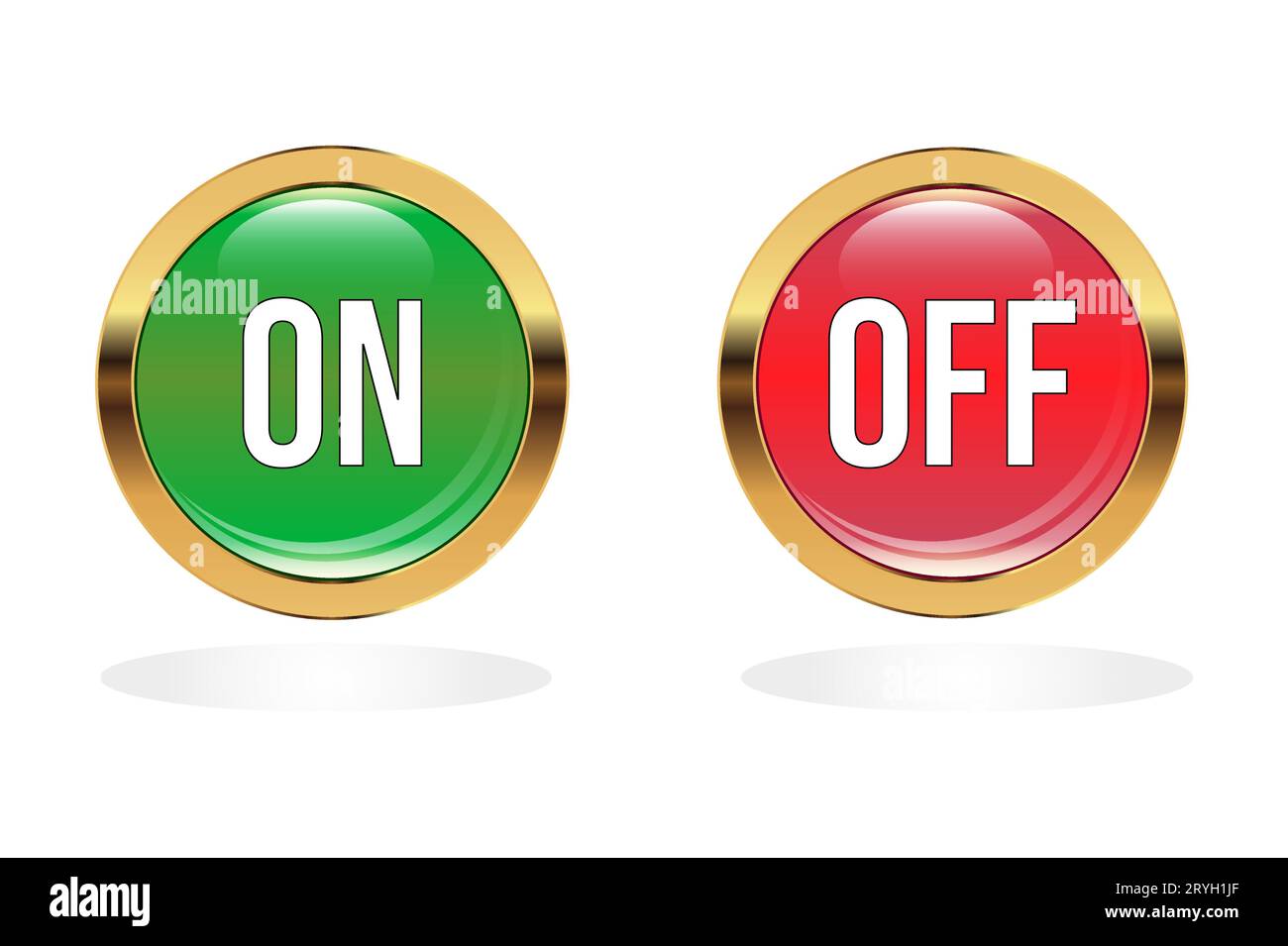 On, off buttons, power switches.Round glass web icons with gold frame