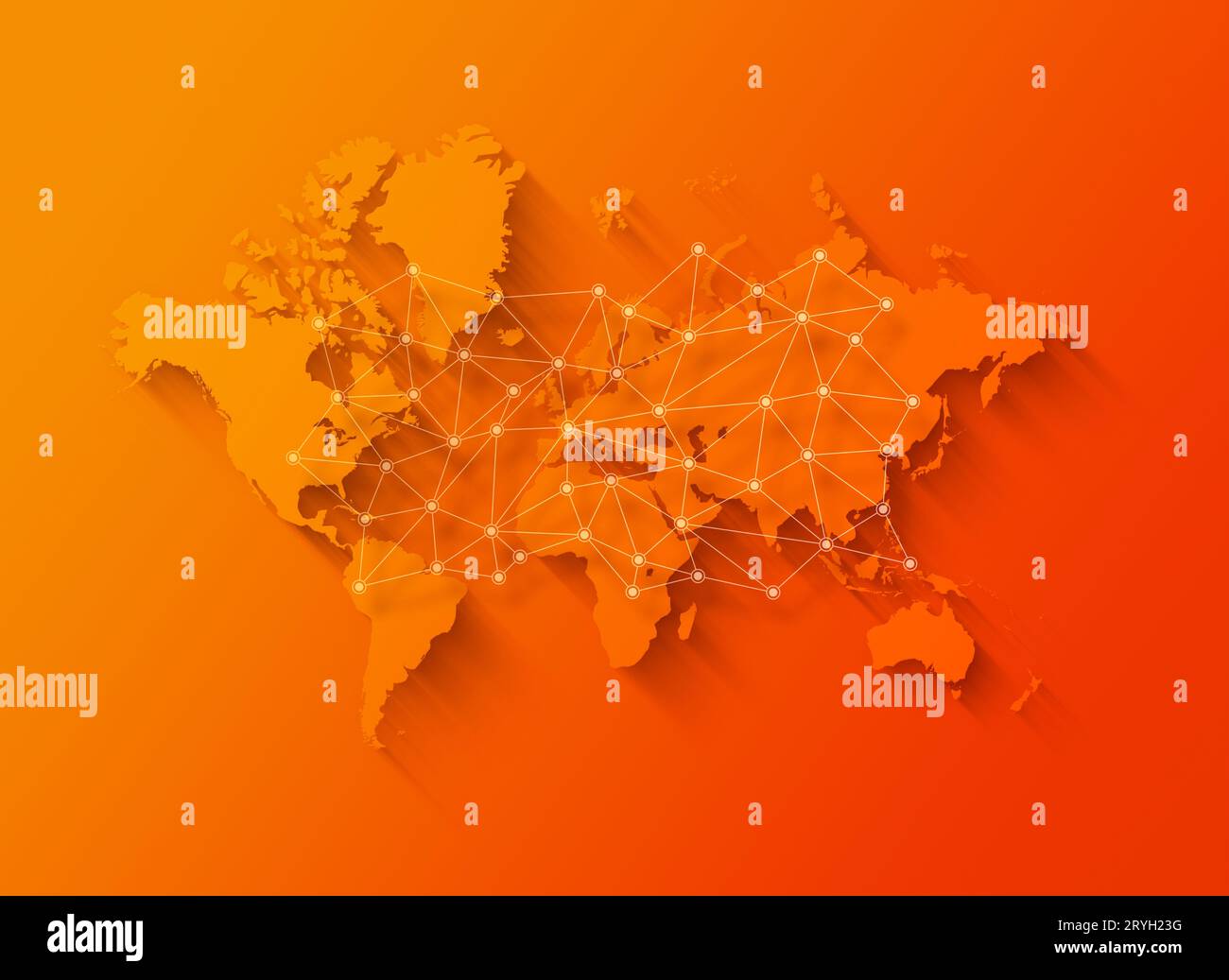 World map and digital network illustration on orange background Stock ...