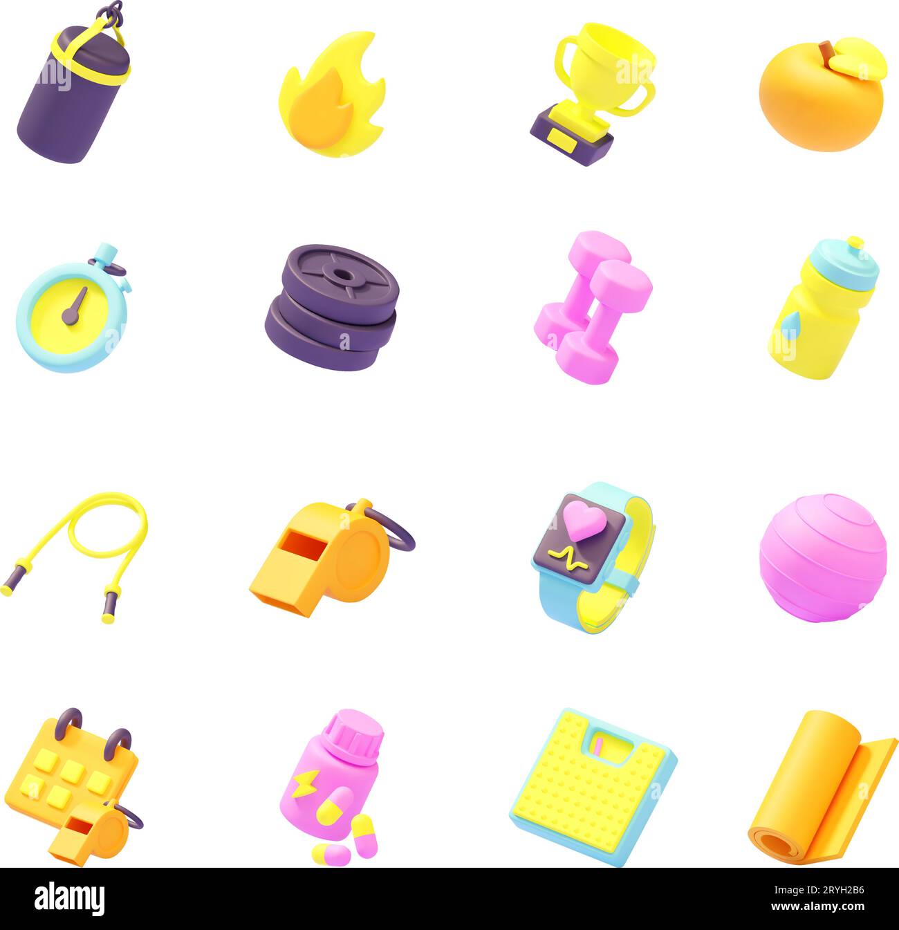 Vector fitness and sport icon set. Gym equipment, healthy eating, diet