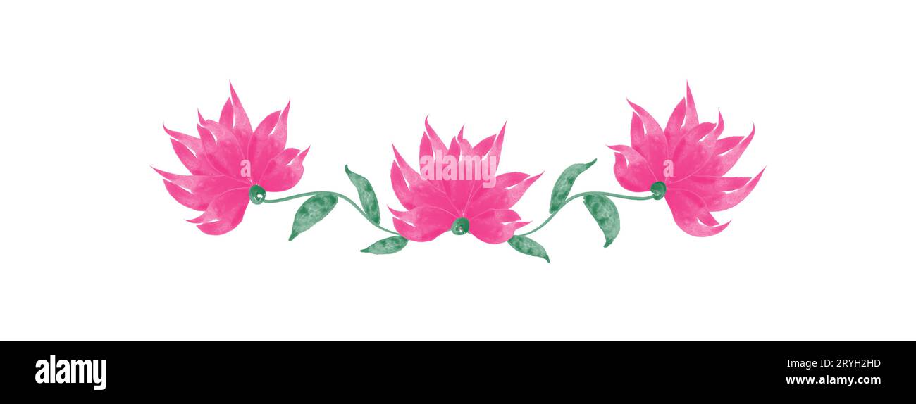 Watercolor flowers and green leaves design. Isolated on white ...