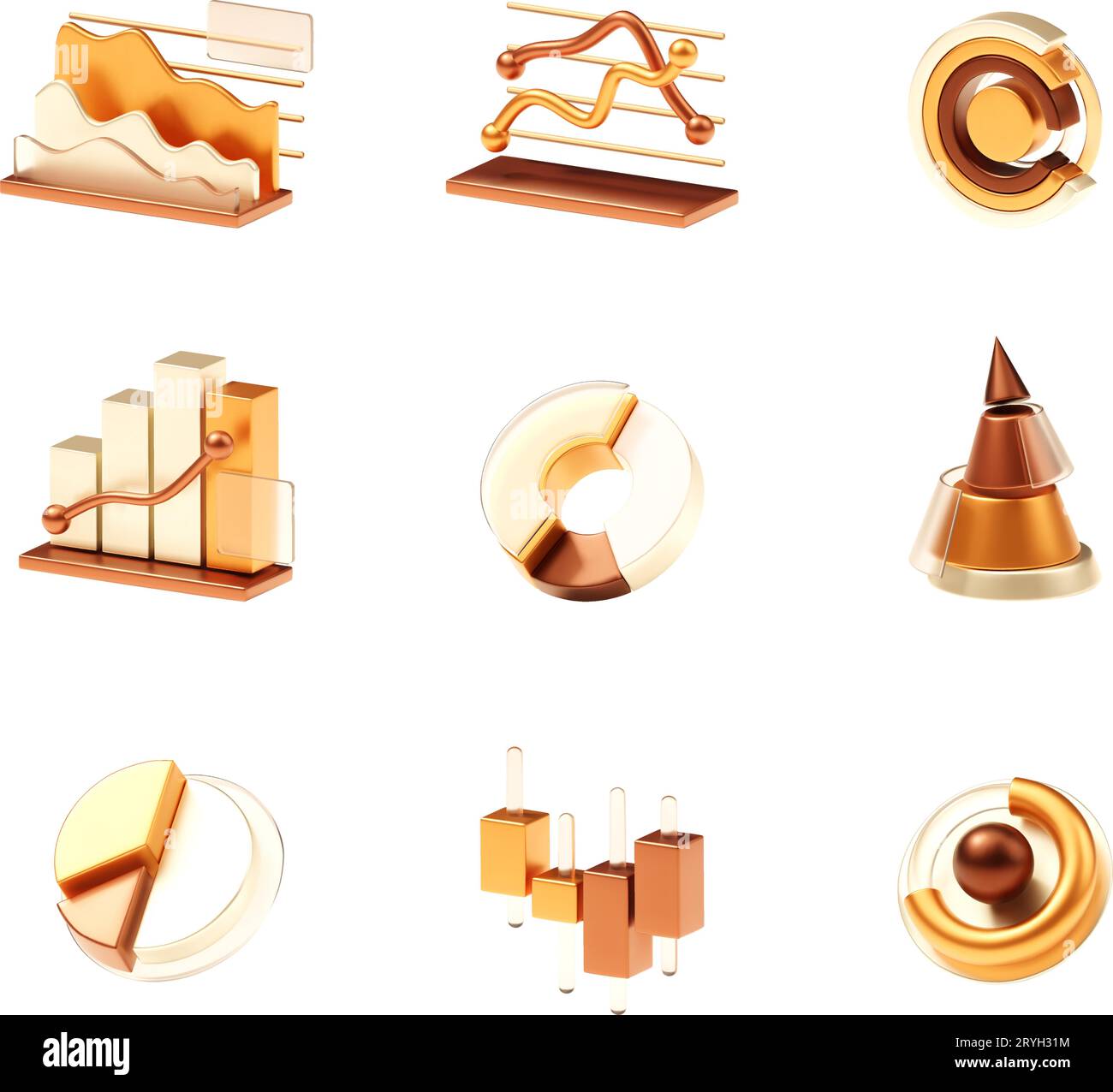 Vector charts and diagrams set. Different charts - Pie chart, column, bar, area, doughnut, stacked bar, pyramid, line. Statistics Infographic elements Stock Vector
