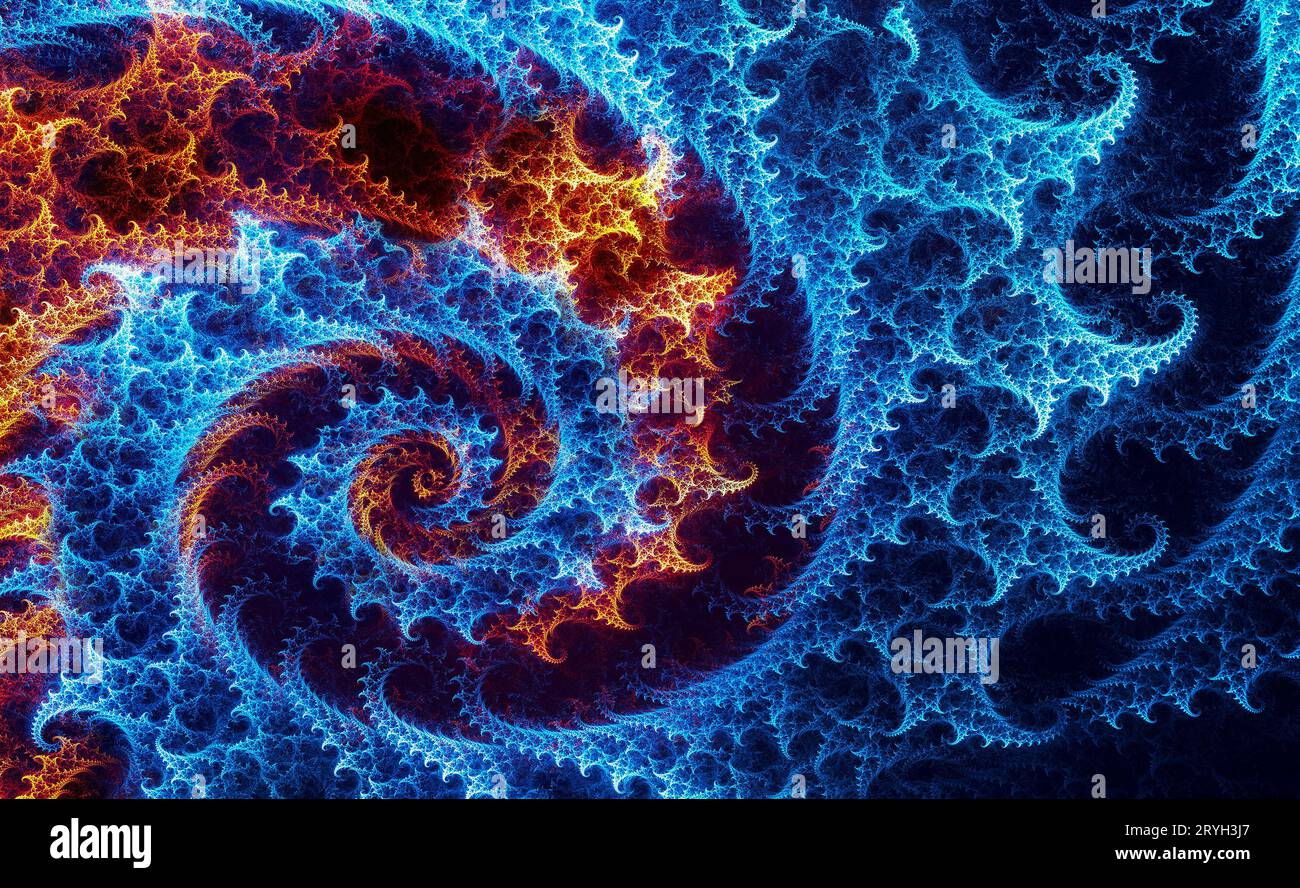 Fire and Ice Spiral Fractals on Dark Stock Photo