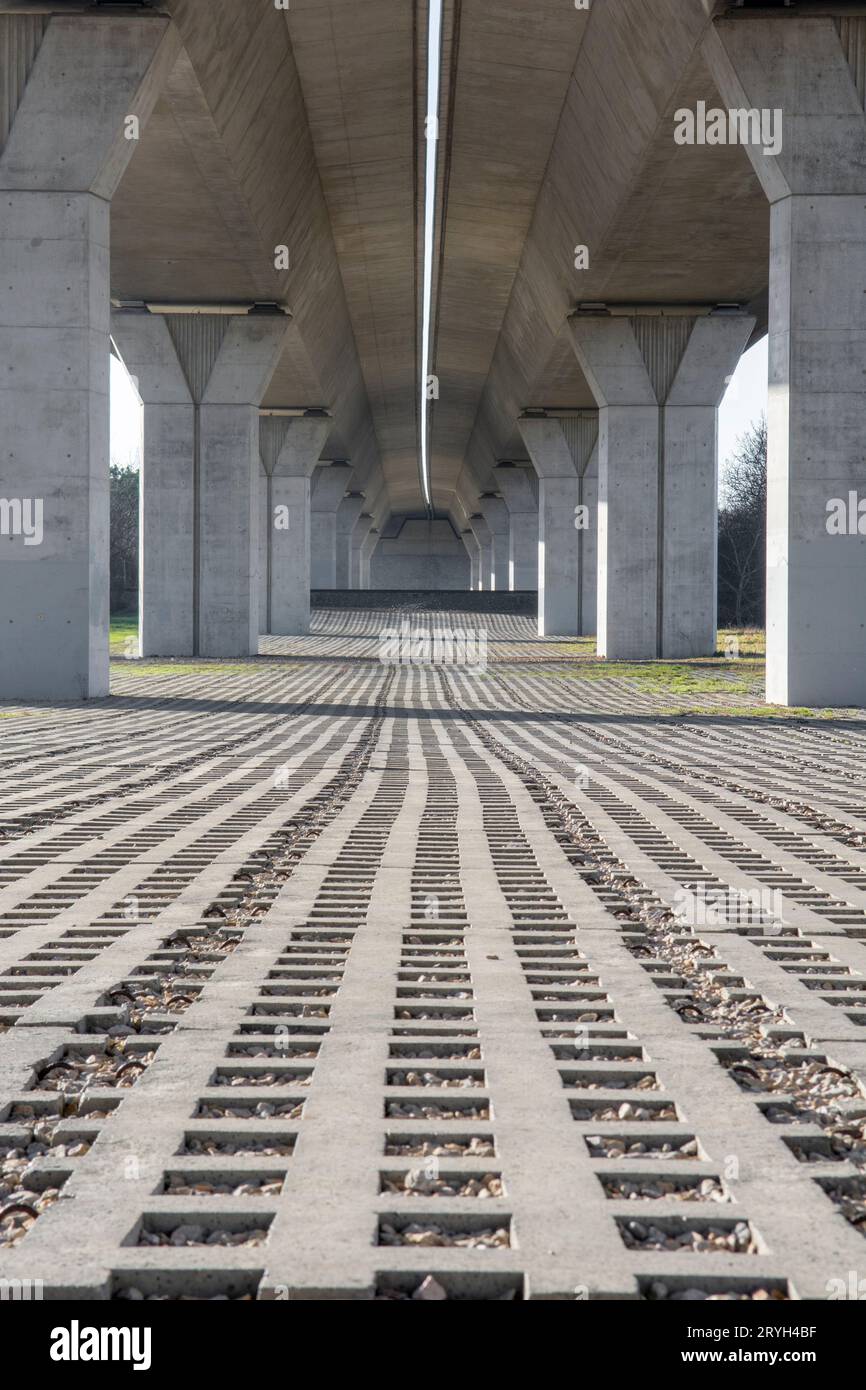 Vehicle overpass on concrete supports. Overbridge or Flyover built on concrete pylons. Nitra. Slovakia. Stock Photo