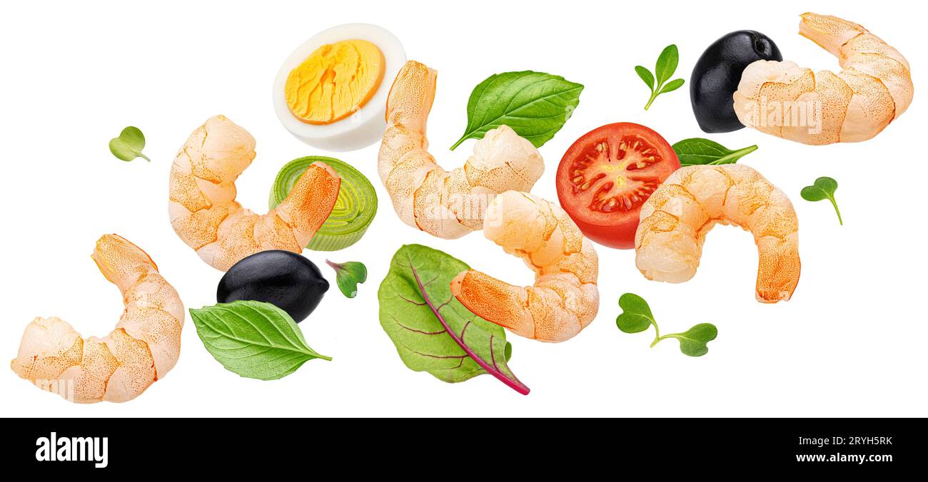 Falling shrimp salad isolated on white background Stock Photo