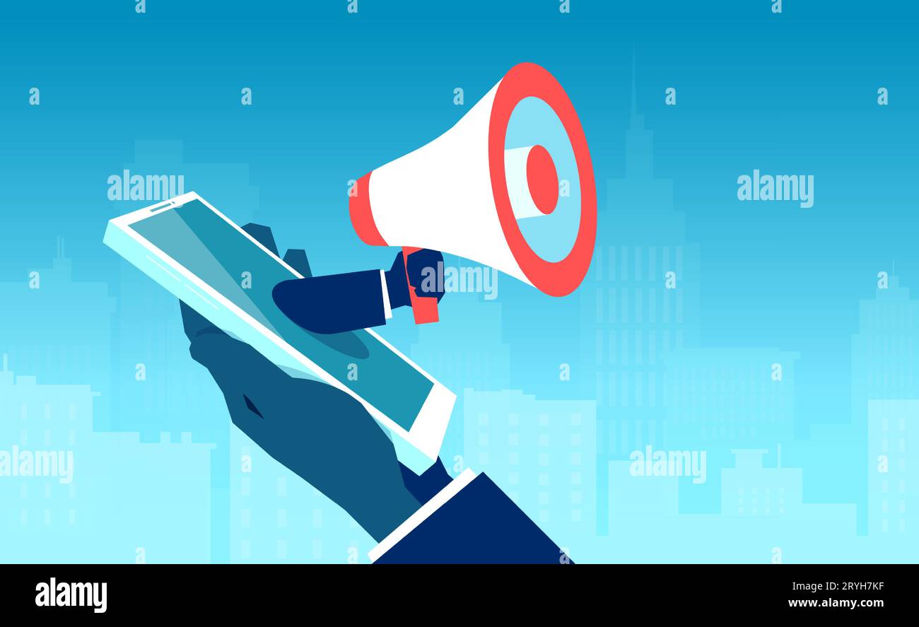 Vector of a businessman holding a smartphone with a megaphone coming out of the screen and making an announcement Stock Vector