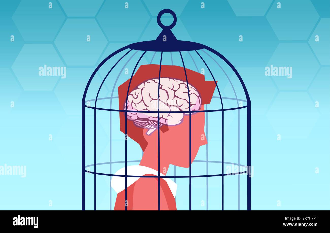 Vector of a young man head in a cage. Creativity blocker, fear of challenge, mental health concept Stock Vector