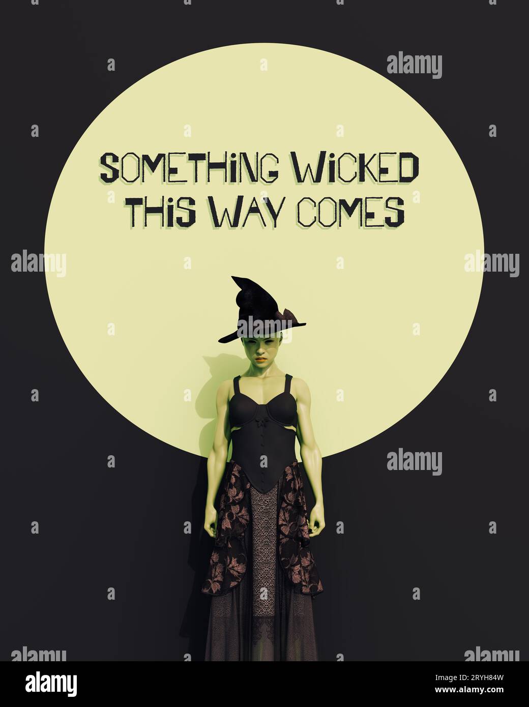 Pale green witch black dress witches hat Halloween something wicked this way comes circle background costume 3d illustration render digital rendering Stock Photo