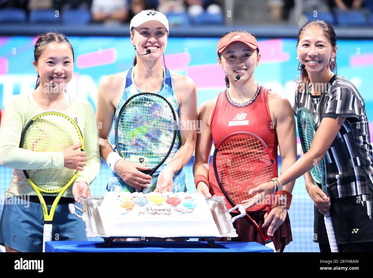 Tokyo, Japan. 1st Oct, 2023. Swiss tennis legend Martina Hingis (2nd L) is celebrated for her birtday from Japanese players Kurumi Nara (L), Misaki Doi (2nd R) and Shinobu Asagoe (R) after their doubles game for exhibition match after the final of the Toray Pan Pacifc Open tennis tournament at the Ariake Colosseum in Tokyo on Sunday, October 1, 2023. (photo by Yoshio Tsunoda/AFLO) Stock Photo
