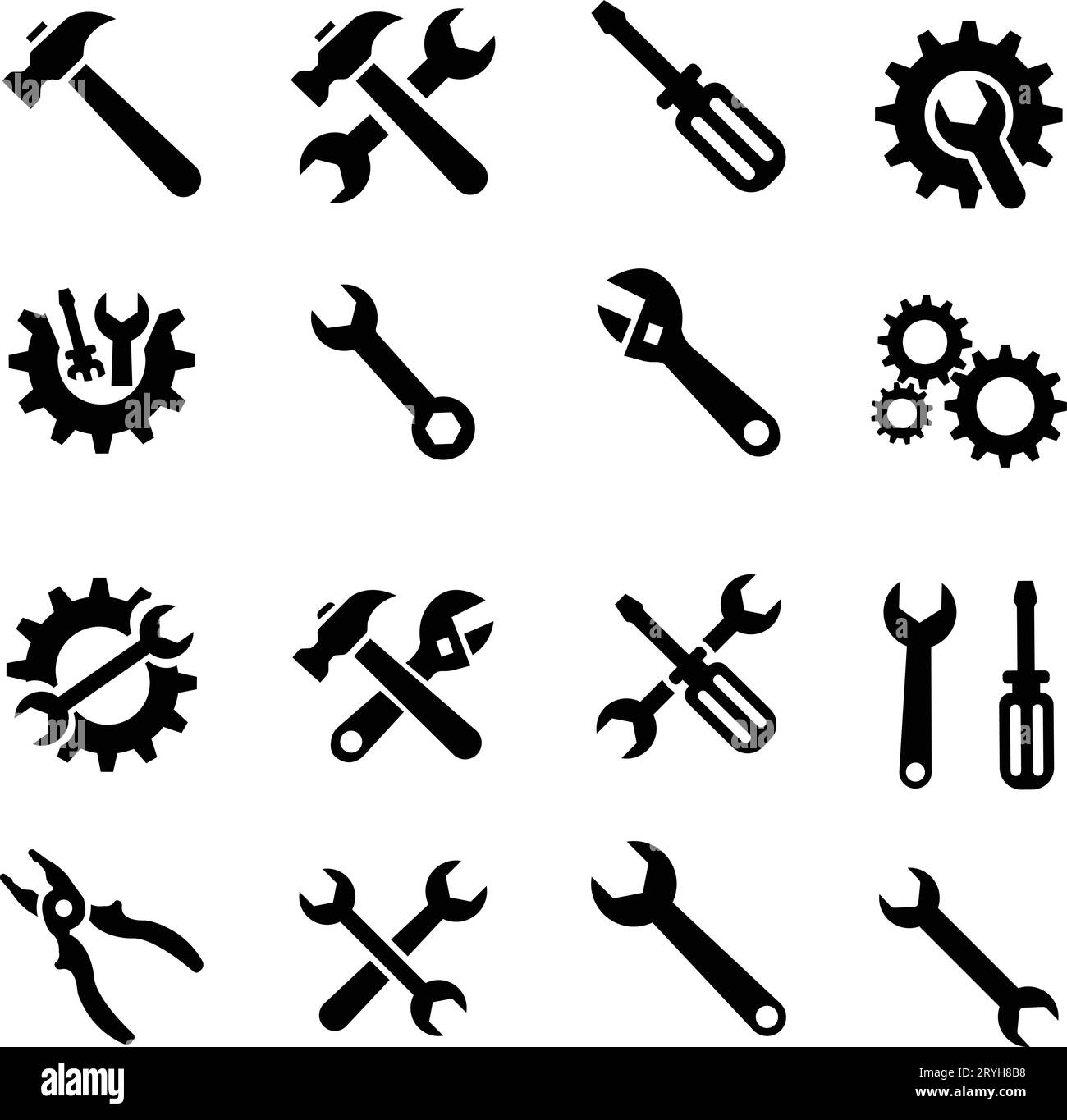 Tools and Service flat icons set. Wrench, screwdriver and gear icon. Screwdriver and wrench glyph icon. Settings and repair, service sign Stock Vector