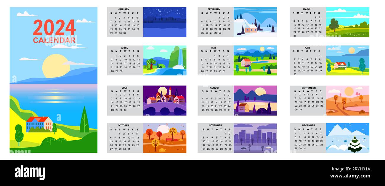 Calendar 2025 set of 12 landscape natural backgrounds of four seasons