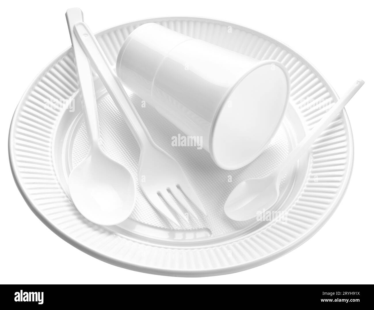 White plastic cup, plate, fork and spoon isolated on white background Disposable Plastic dishware Stock Photo