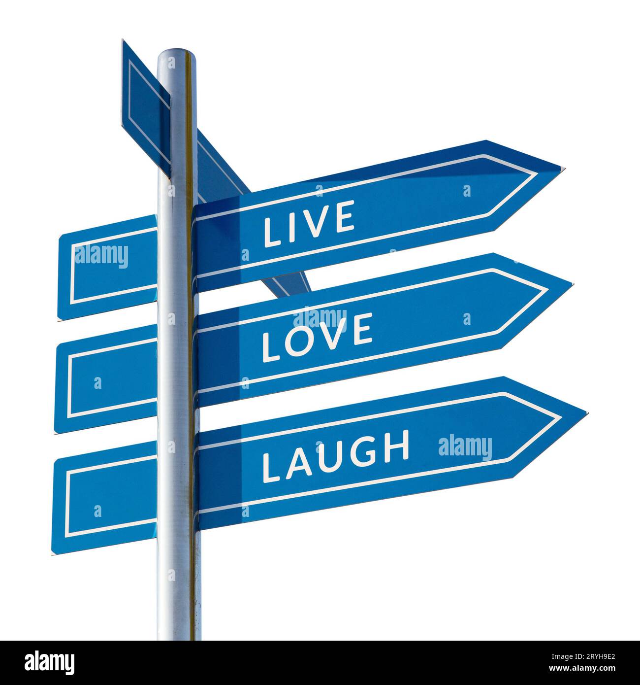 Live Love Laugh message on signpost isolated on white background Stock Photo