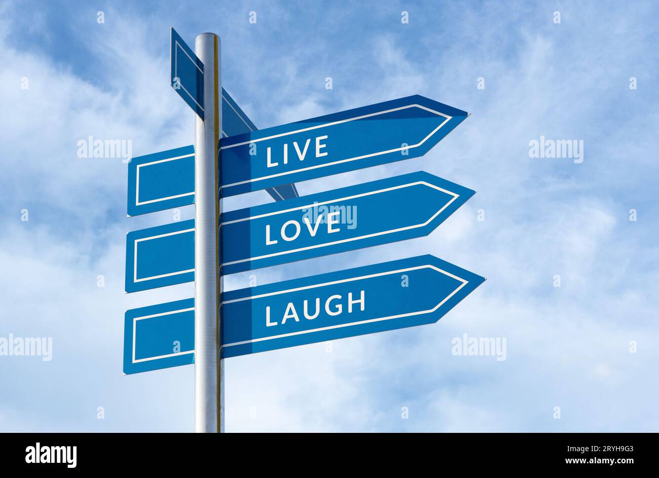 Live Love Laugh message on signpost isolated on blue sky background Stock Photo