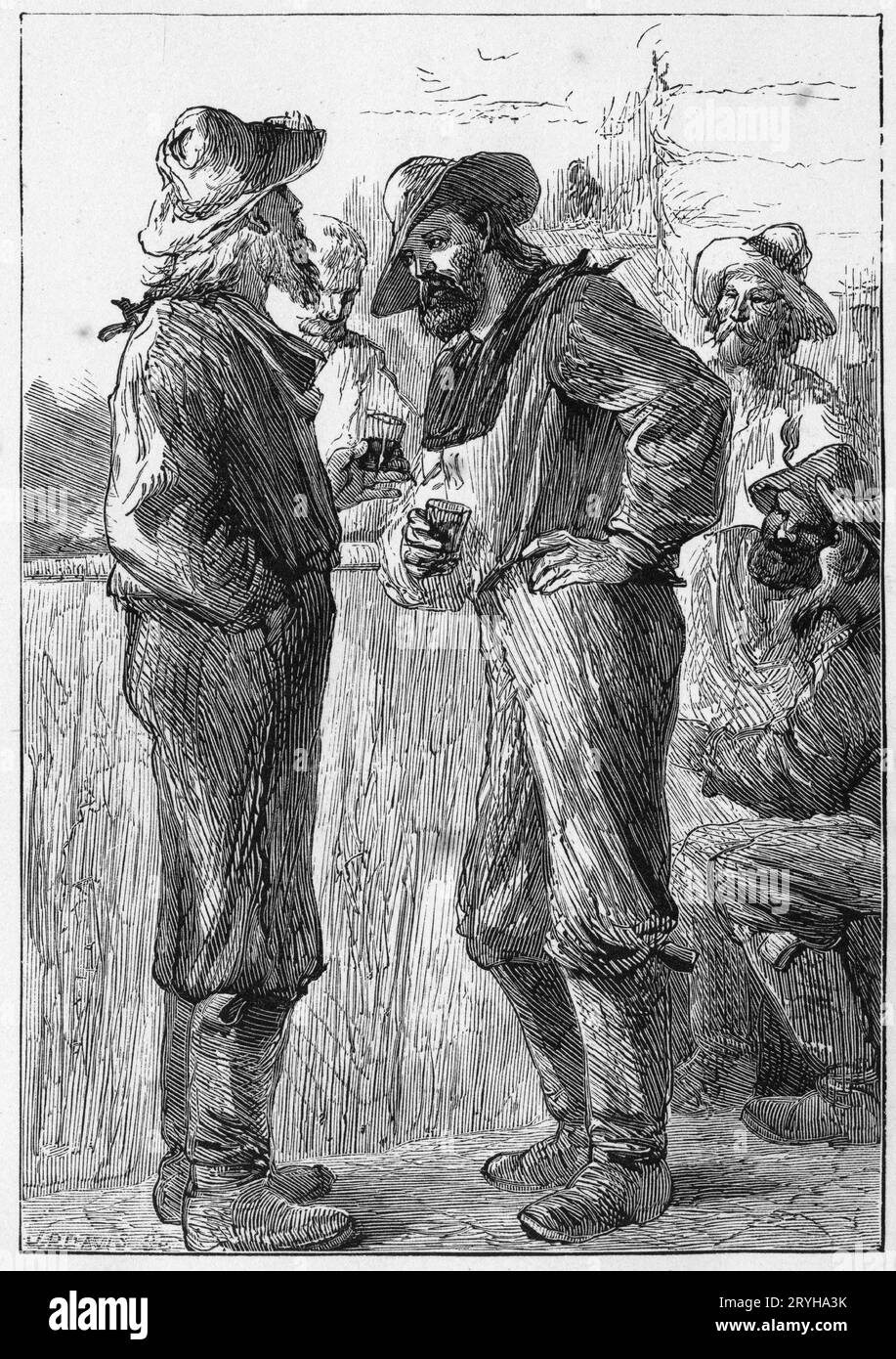 engraving of two gold miners sharing a drink in a tavern,, typical scene of any gold field in the 1800s Stock Photo