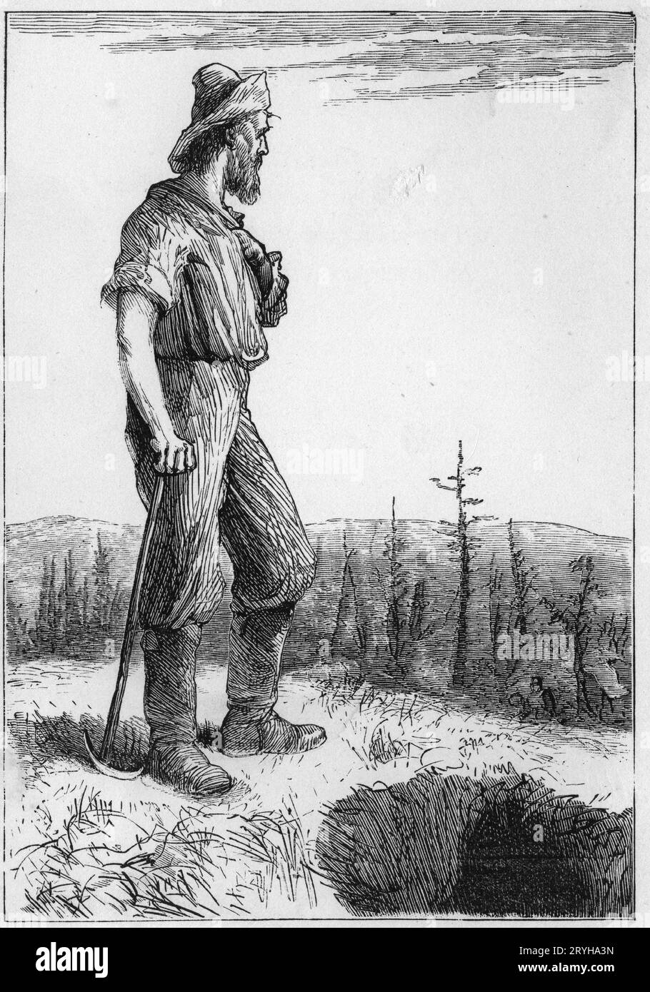 engraving of a gold miner pausing in his work, typical scene of any gold field in the 1800s Stock Photo