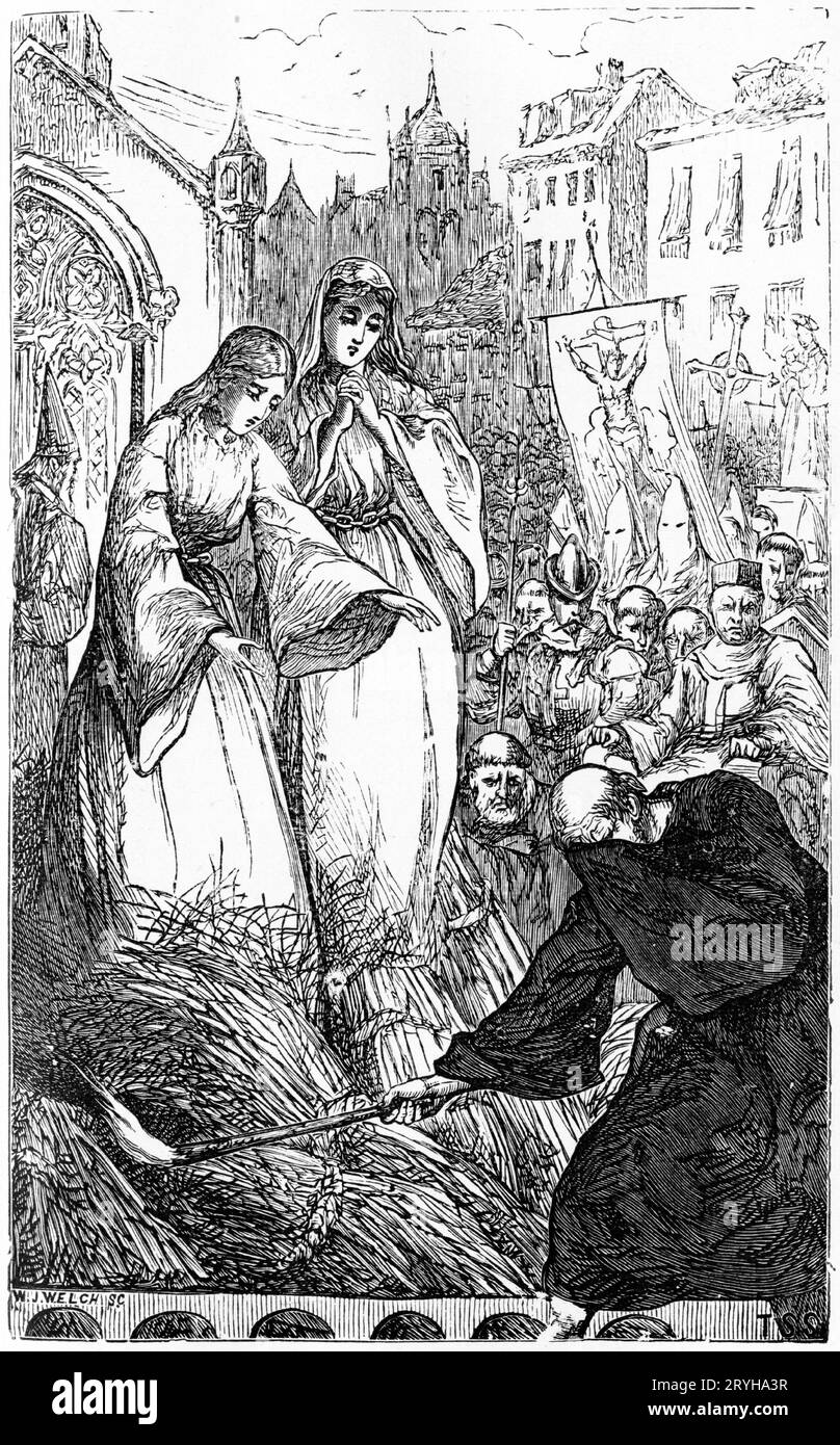 Engraving of a monk fighting the faggots before two women bound by chains for public execution by burning, probably during the Spanish inquisition Stock Photo