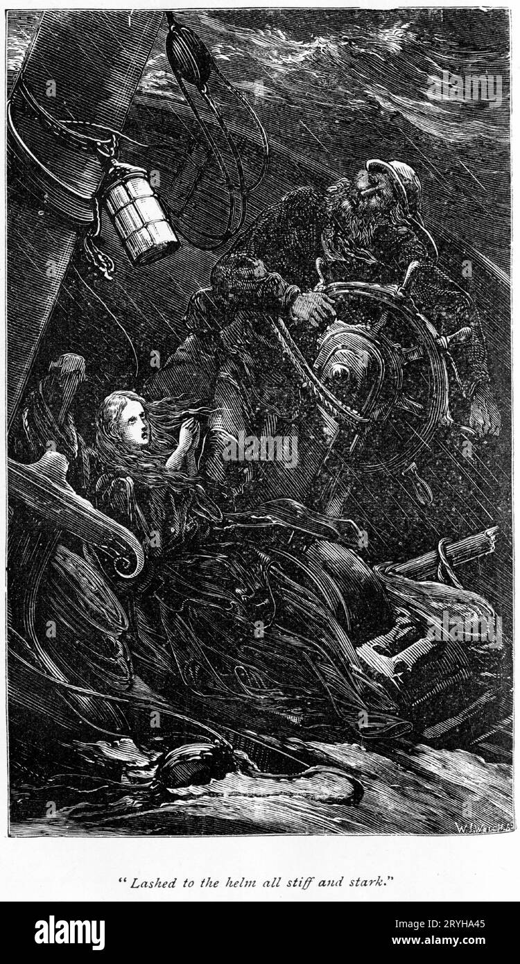 Engraving for Longfellow's poem, the Wreck of the Hesperus, with the skipper 'Lashed to the helm all stiff and stern' while his daughter lays drozen, tied to the mast Stock Photo