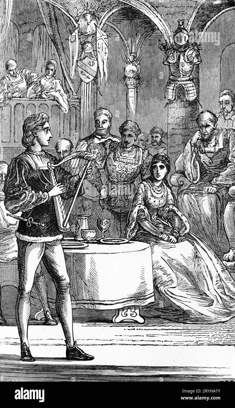 Engraving of a minstrel entertaining at a medieval  court Stock Photo