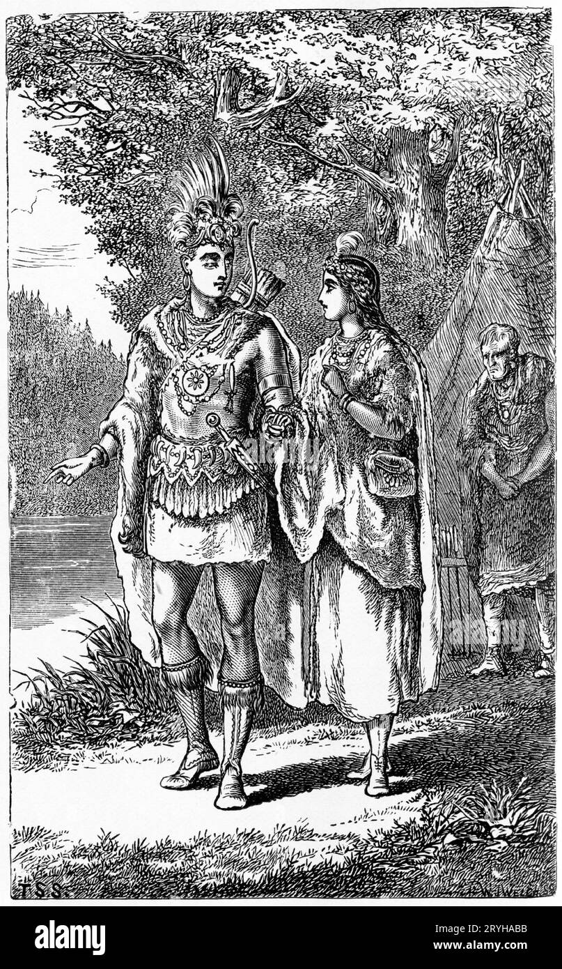 Engraving of a young couple in fanciful Indian costumes leaving their village, with an old man standing in the door of his teepee Stock Photo