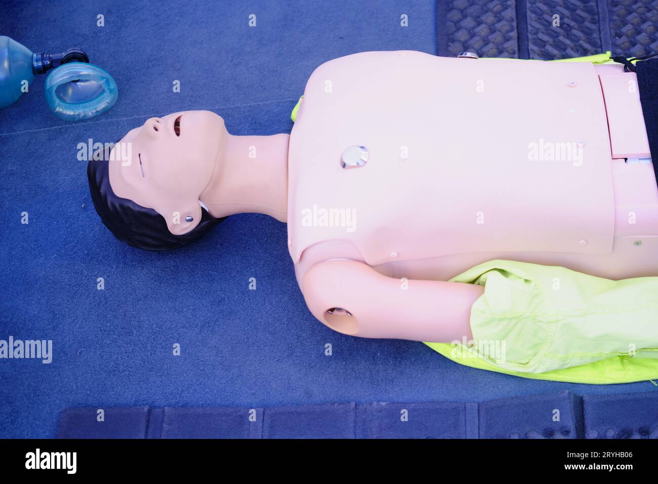 Ambulance training dummy on the floor of a hospital emergency room, training chest compressions in a mannequin Stock Photo