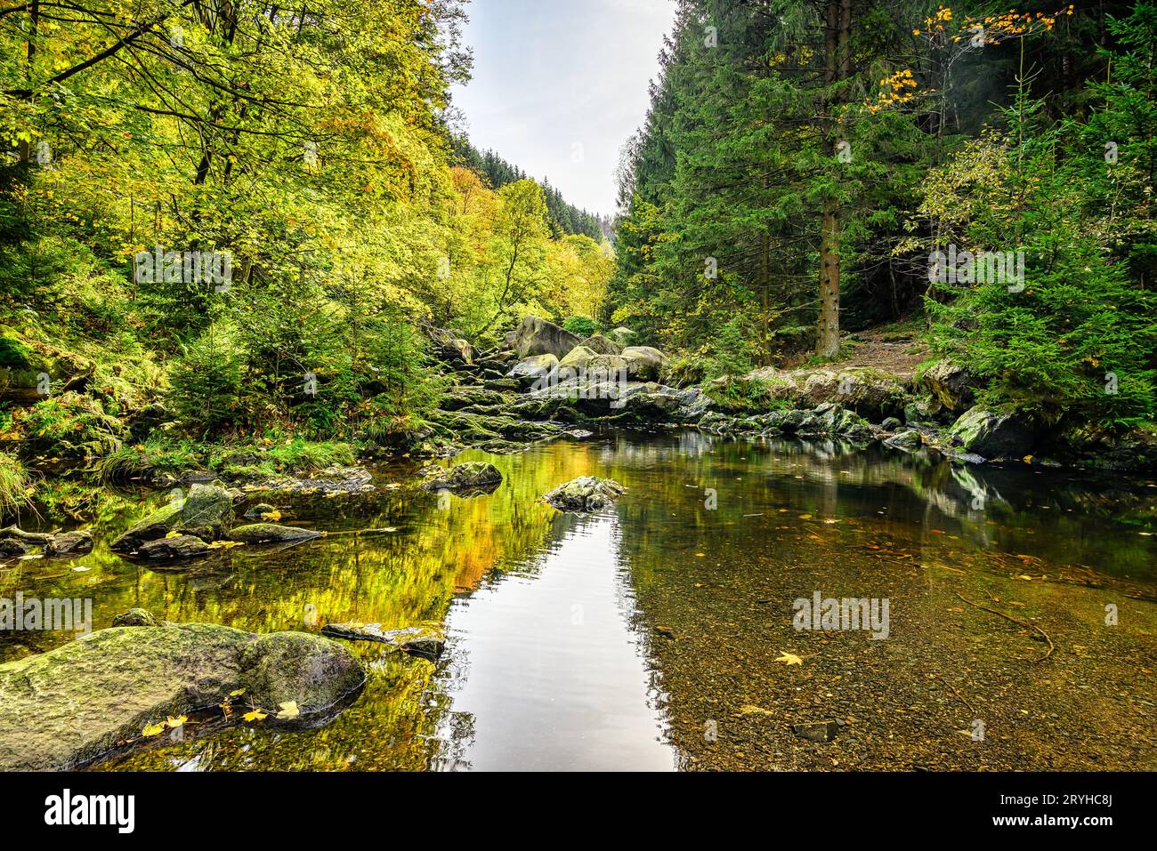Peaceful scene of the river bed on Engagement island in the Oker in the Harz Mountains, Germany Stock Photo