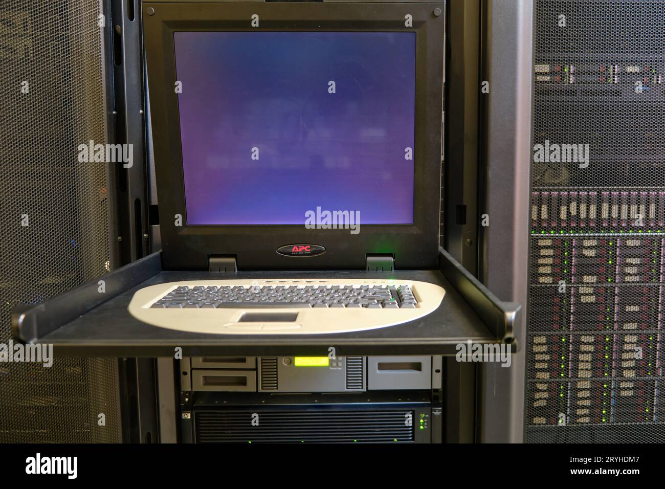 The monitor screen in the server room displays important information ...
