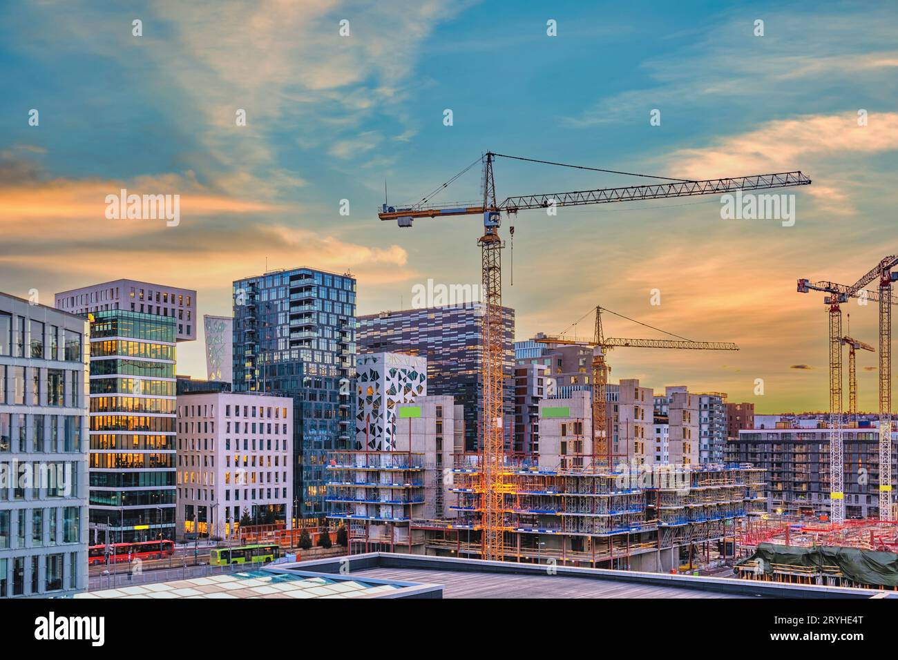 Oslo Norway, sunrise city skyline at business district and Barcode Project Stock Photo