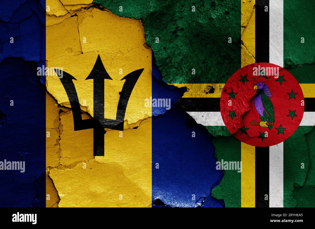 Flags of Barbados and Dominica painted on cracked wall Stock Photo - Alamy