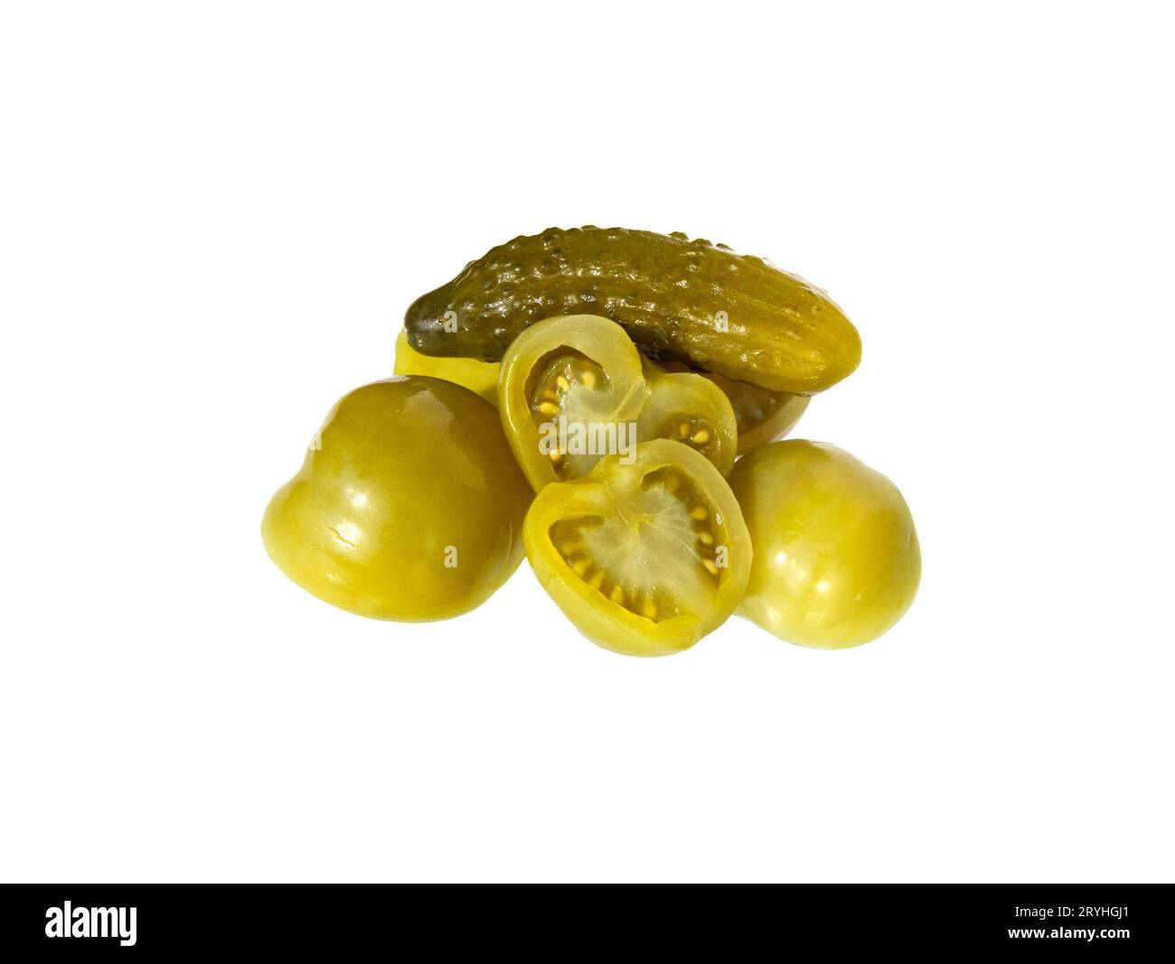 Pickled, marinated tomatoes and cucumbers isolated on white background Stock Photo