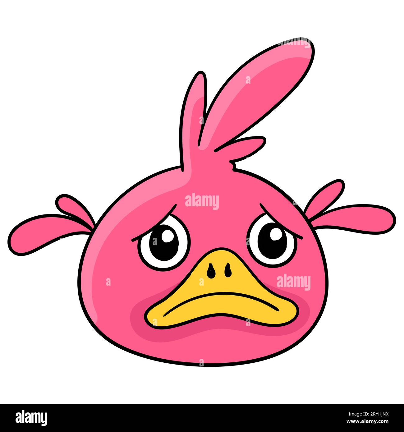 Pink gloomy sad faced cute baby bird head, vector illustration carton