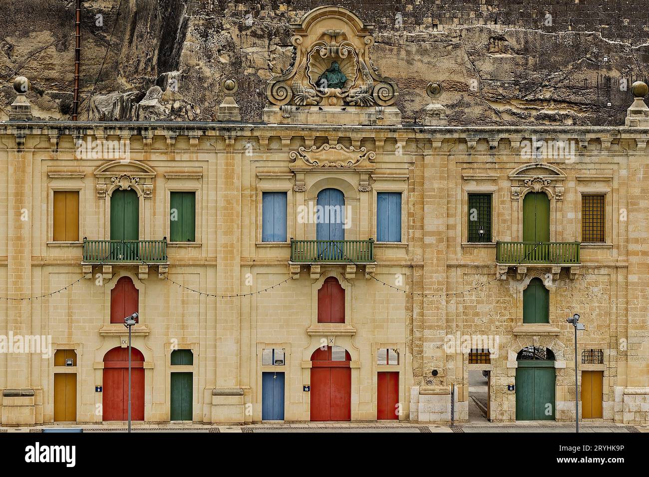 The colourful doors and windows of Valetta, Malta buy the harbour Stock Photo