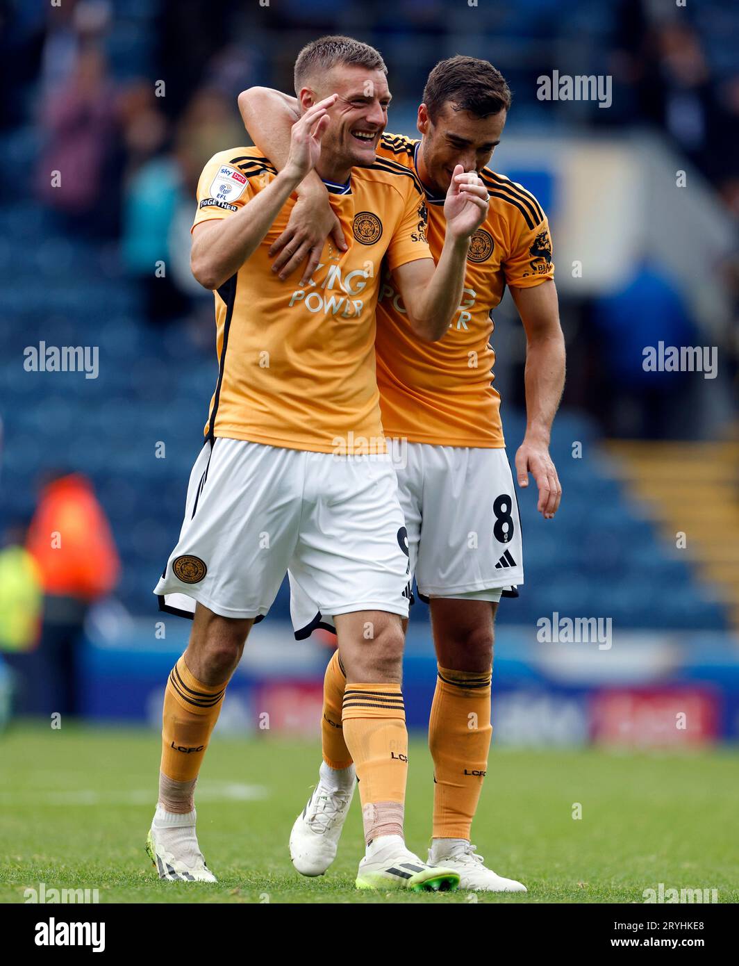 Leicester City's Harry Winks and Jamie Vardy celebrate after the Sky Bet Championship match at Ewood Park, Blackburn. Picture date: Sunday October 1, 2023. Stock Photo