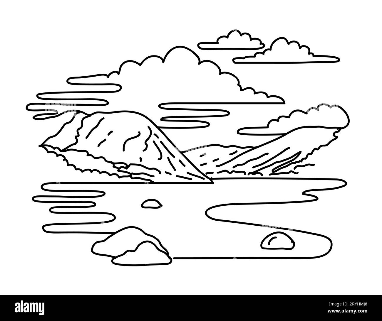 Tenaya Lake in Yosemite National Park California Monoline Line Art Drawing Stock Photo