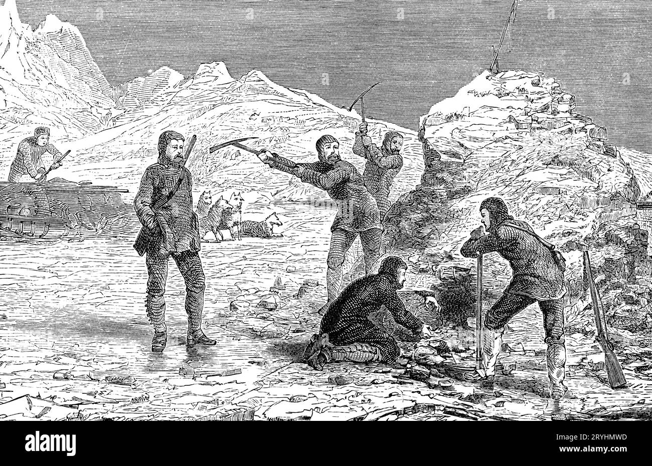 William Hobson and the men of the McClintock Artic Expedition finding the cairn with the 'Victory Point' note, Back Bay, King William Island, May 1859. The letters inside the cairn gave details of Captain Sir John Franklin's lost expedition of 1845. Sir John Franklin's (1786-1847), expedition left England in 1845 aboard two ships, HMS Erebus and HMS Terror, and was assigned to traverse the last unnavigated sections of the Northwest Passage. The expedition met with disaster after both ships and their crews became icebound in Victoria Strait near King William Island. Stock Photo