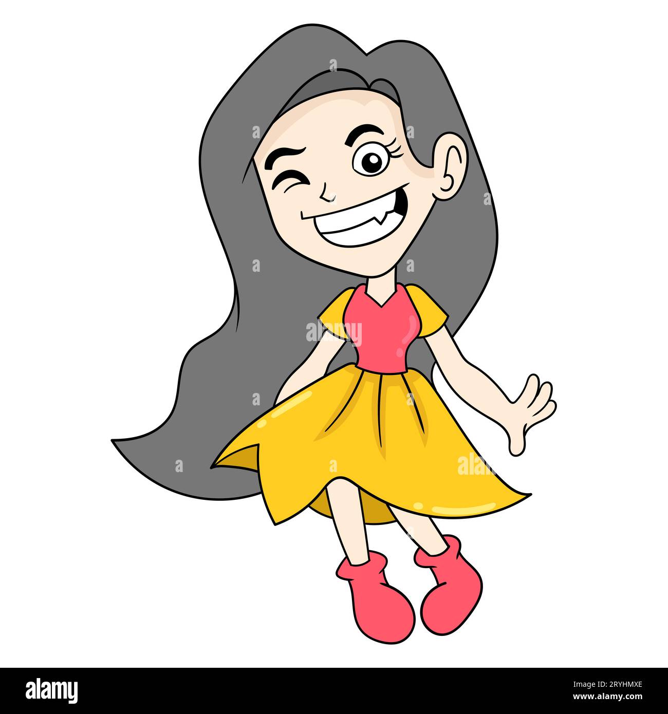 https://c8.alamy.com/comp/2RYHMXE/beautiful-girl-long-hair-wearing-dress-smiling-happily-vector-illustration-art-doodle-icon-image-kawaii-2RYHMXE.jpg